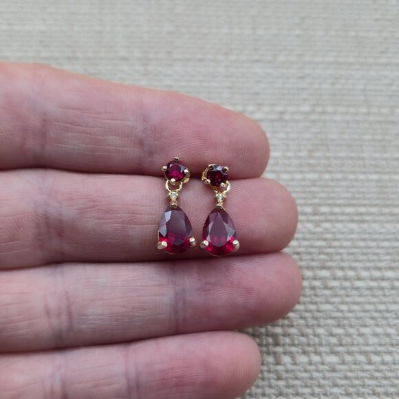 Gold Over Sterling Silver Red Ruby And Small Diamond Earrings A5291 - Picture 1 of 8